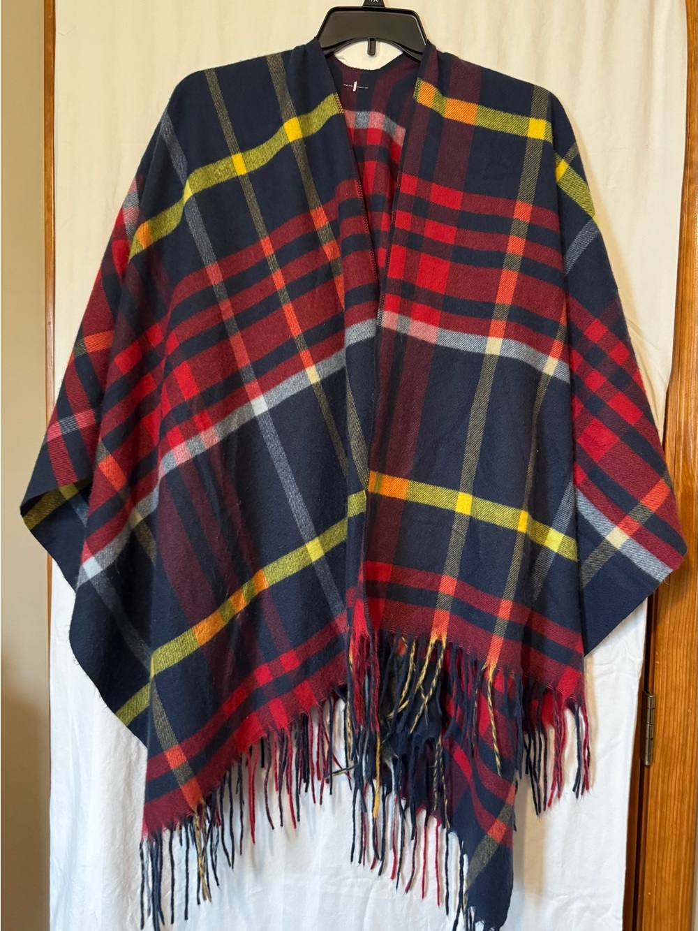 Navy Plaid Fringe Poncho Shawl – One Size